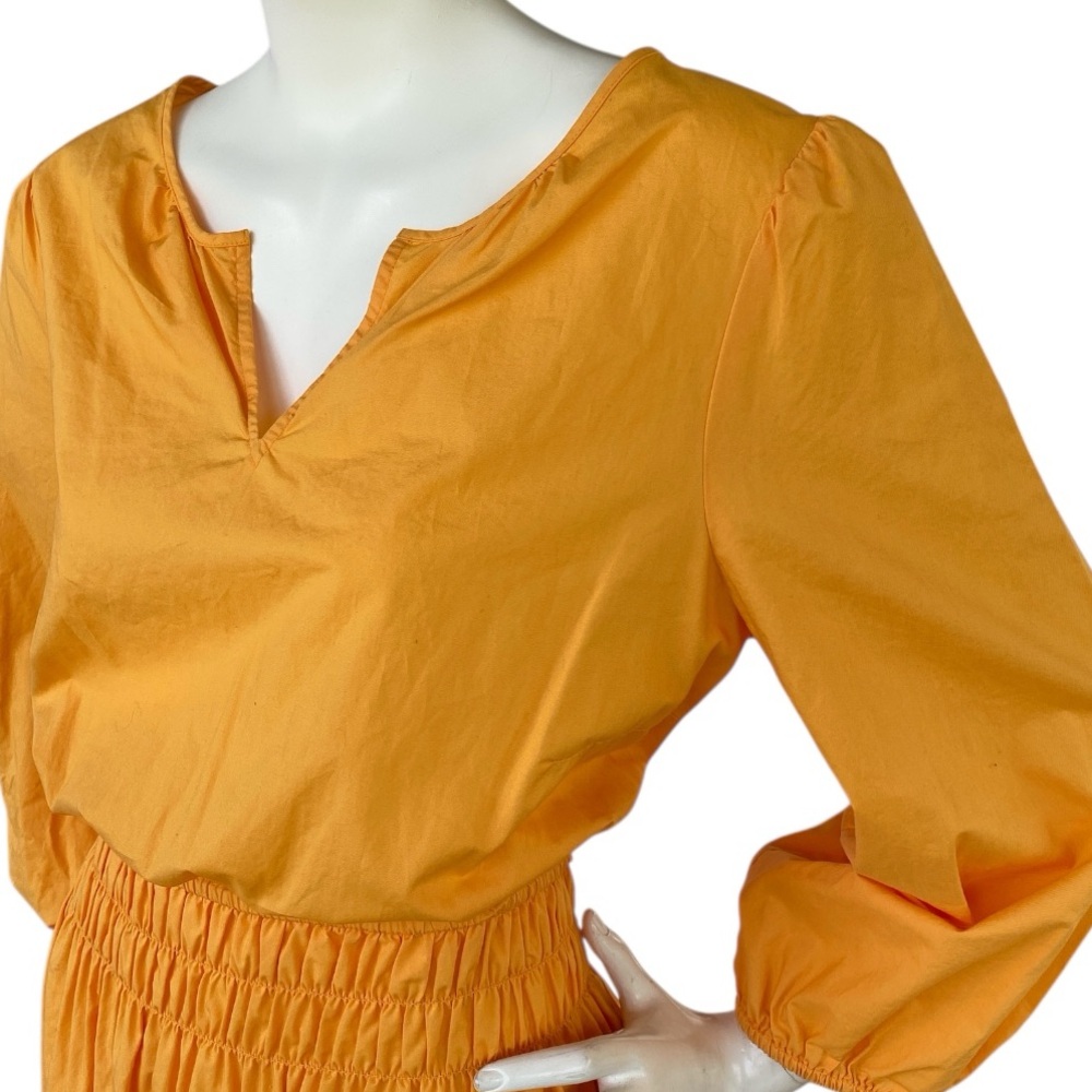TALBOTS Smocked Poplin Yellow A-Line Midi Dress Split Neckline 3/4 Sleeve Sz 10 - Picture 10 of 16